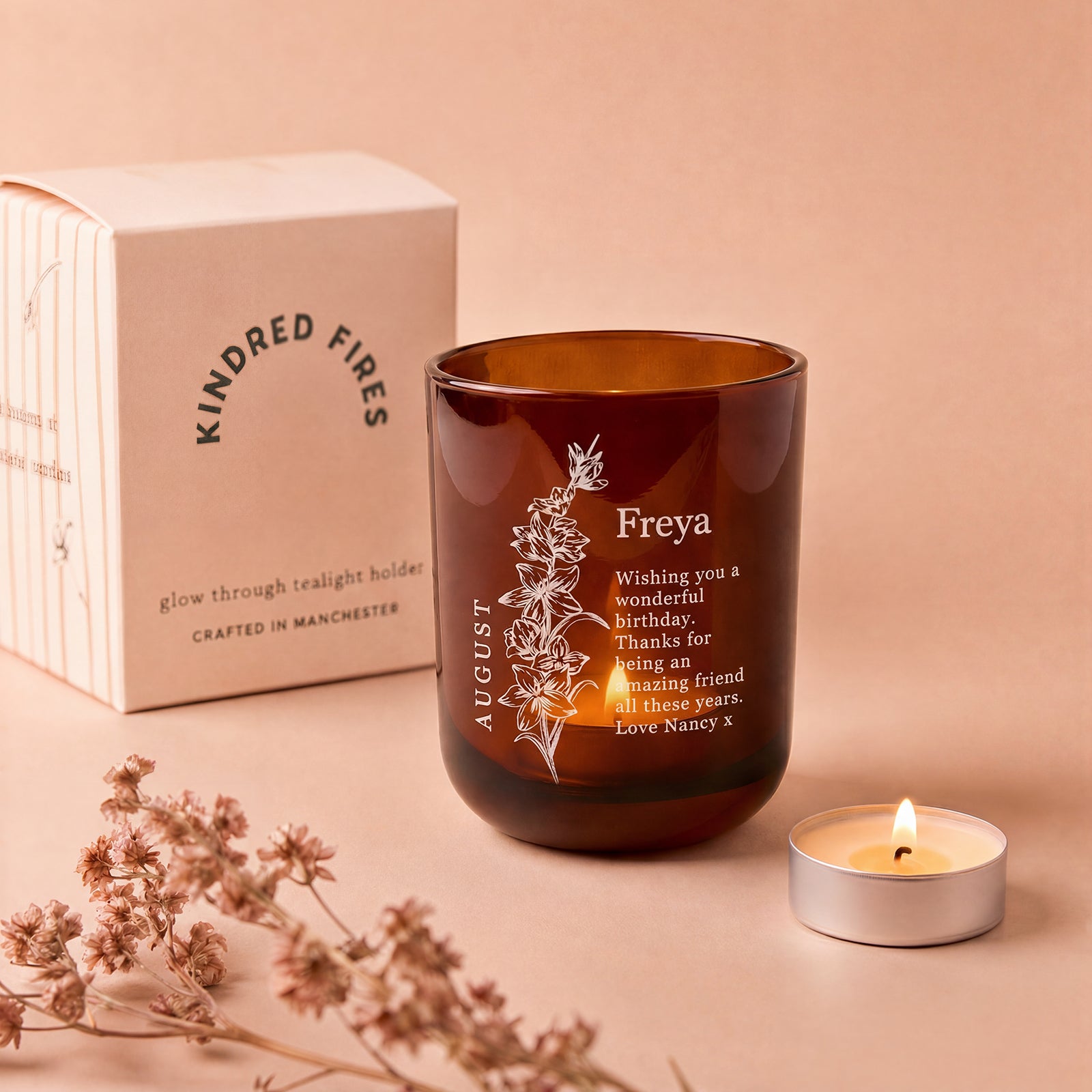 Birth Flower Birthday Gift Personalised Tealight Holder with Candles in Luxury Box