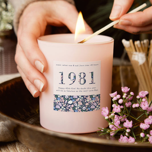 40th Birthday Gift Birth Year Floral Birthday Candle Pink - Kindred Fires