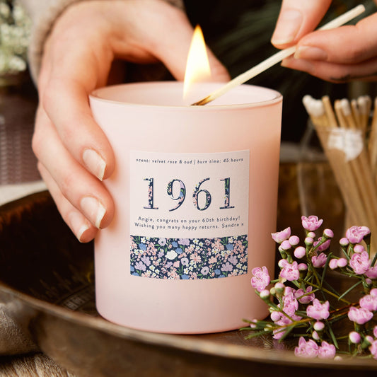 60th Birthday Gift Birth Year Floral Birthday Candle Pink - Kindred Fires