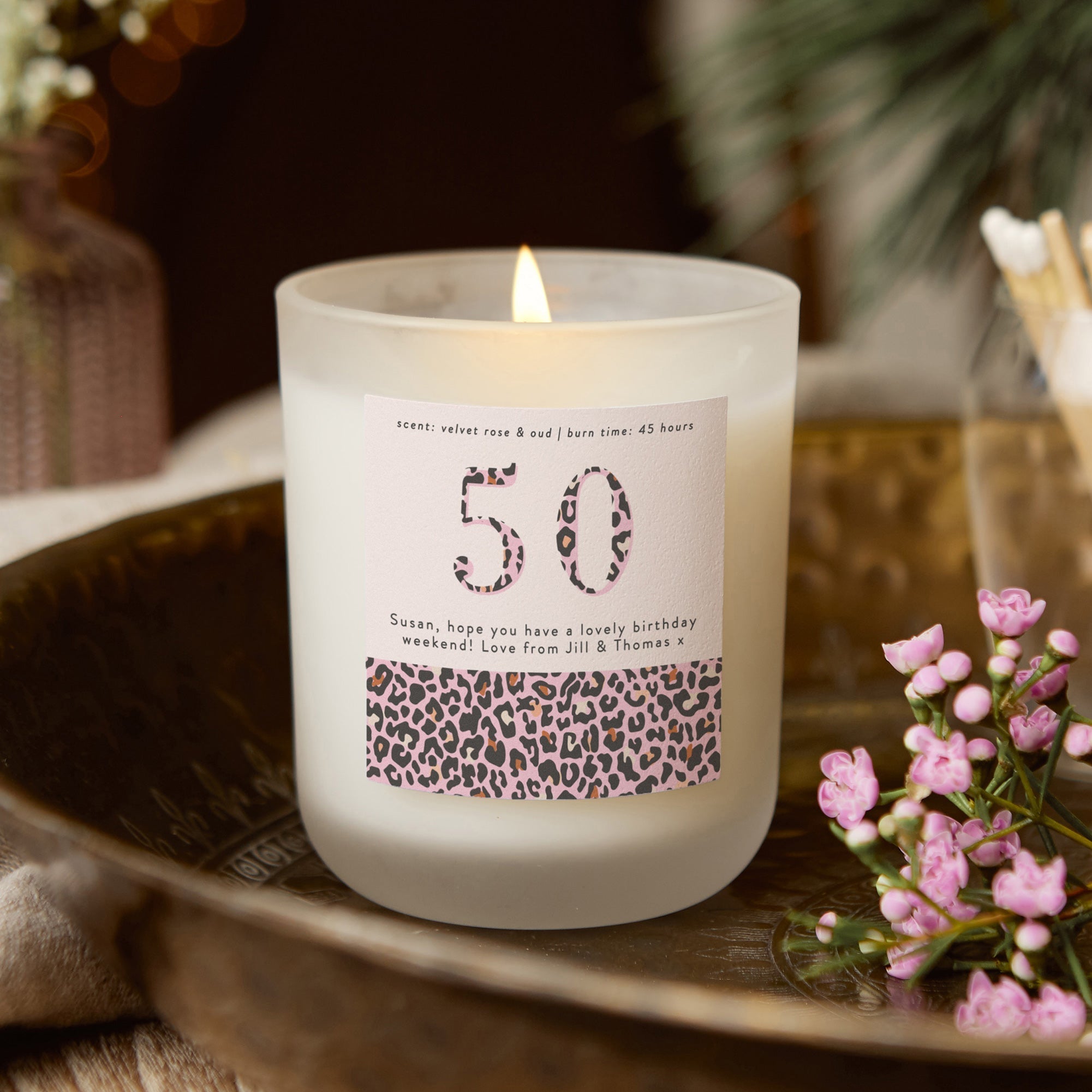 Birthday Gift for Her - Pink Leopard Print Candle in Luxury Gift-Ready Box, Personalized