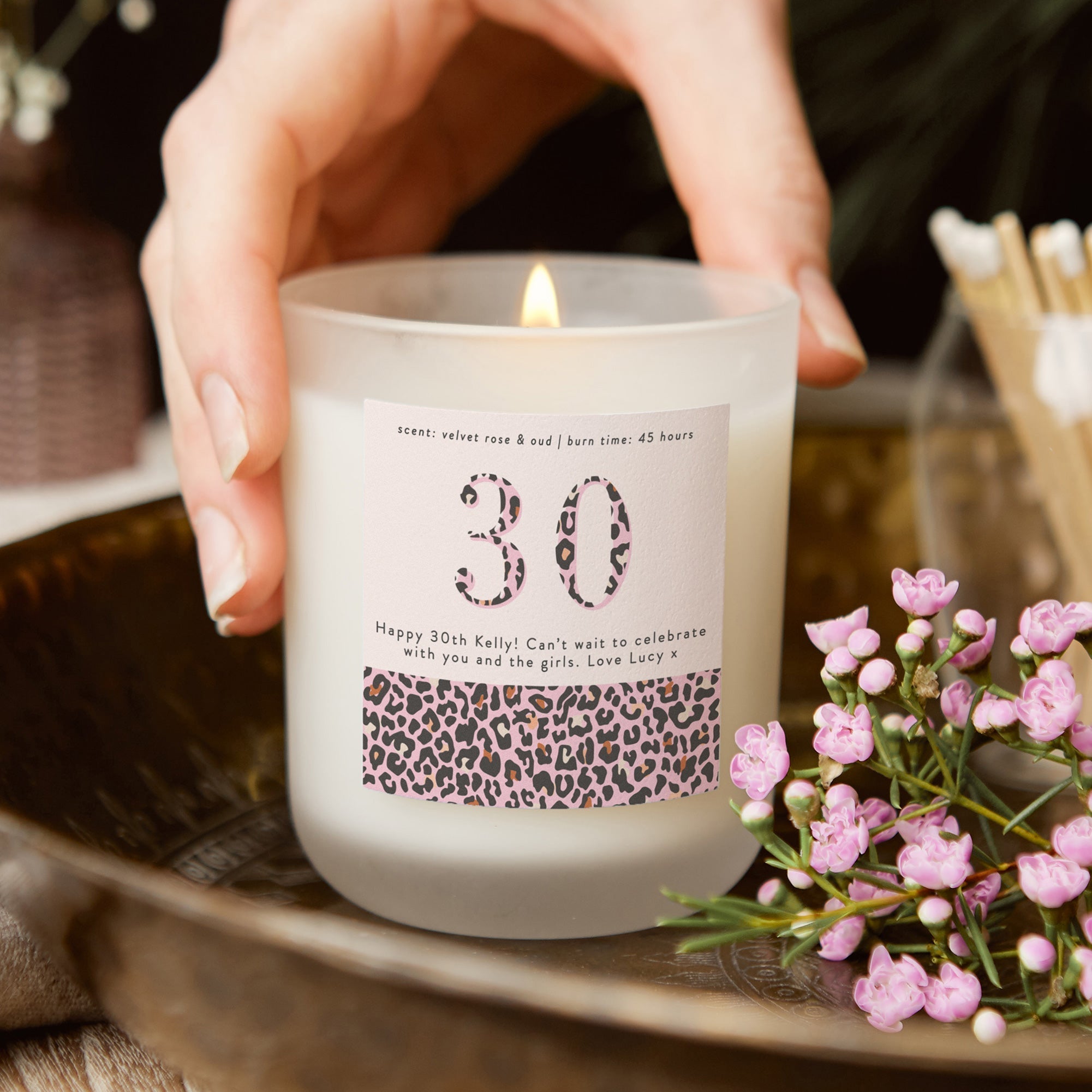 Birthday Gift for Her - Pink Leopard Print Candle in Luxury Gift-Ready Box, Personalized
