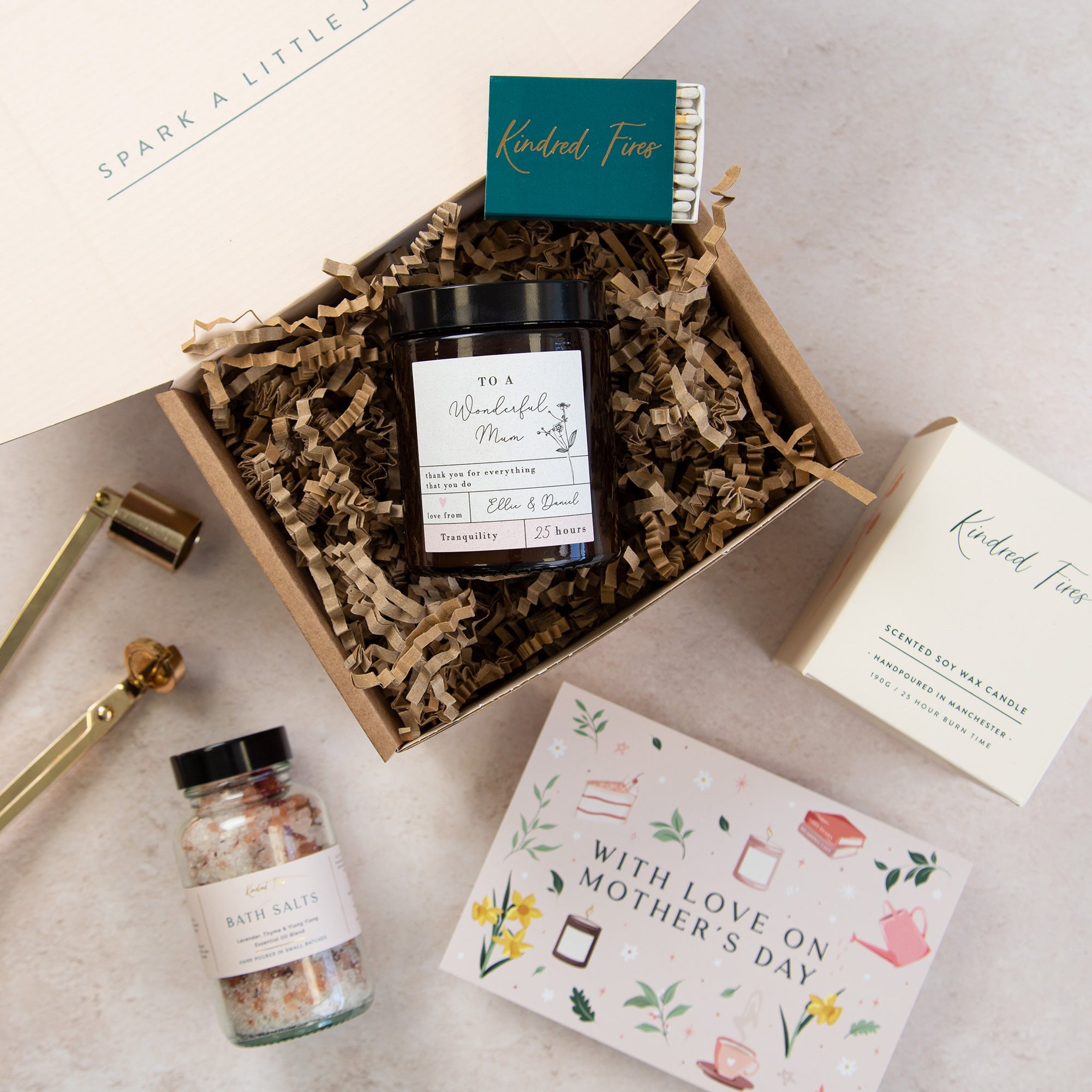 Mother's Day Gift Idea Luxury Jar Candle Set with Matches, Bath Salts, Gold Trimmer, Gift-Ready