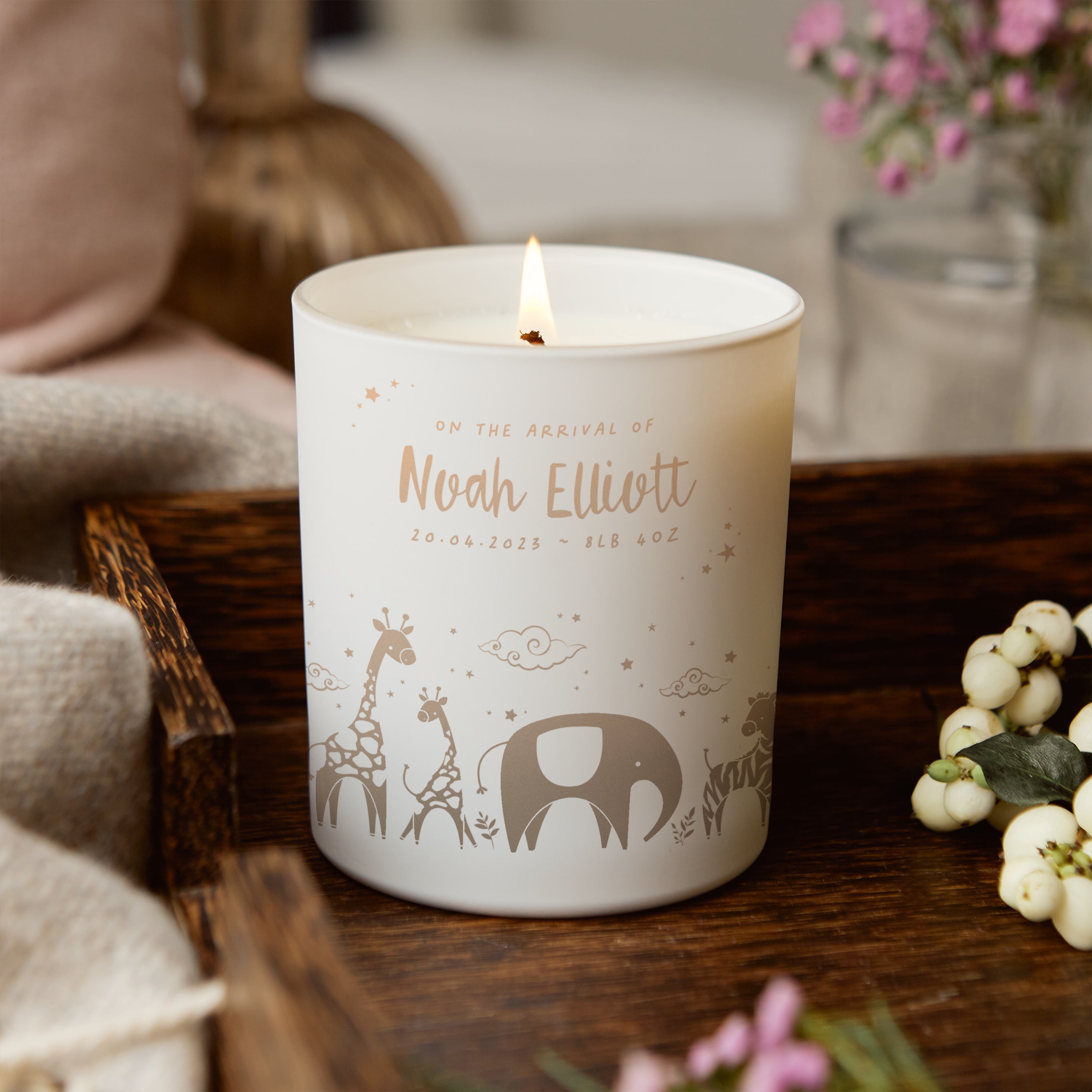 New Baby Gift Keepsake Candle for New Parents with Cute Animal Engraving in Luxury Box