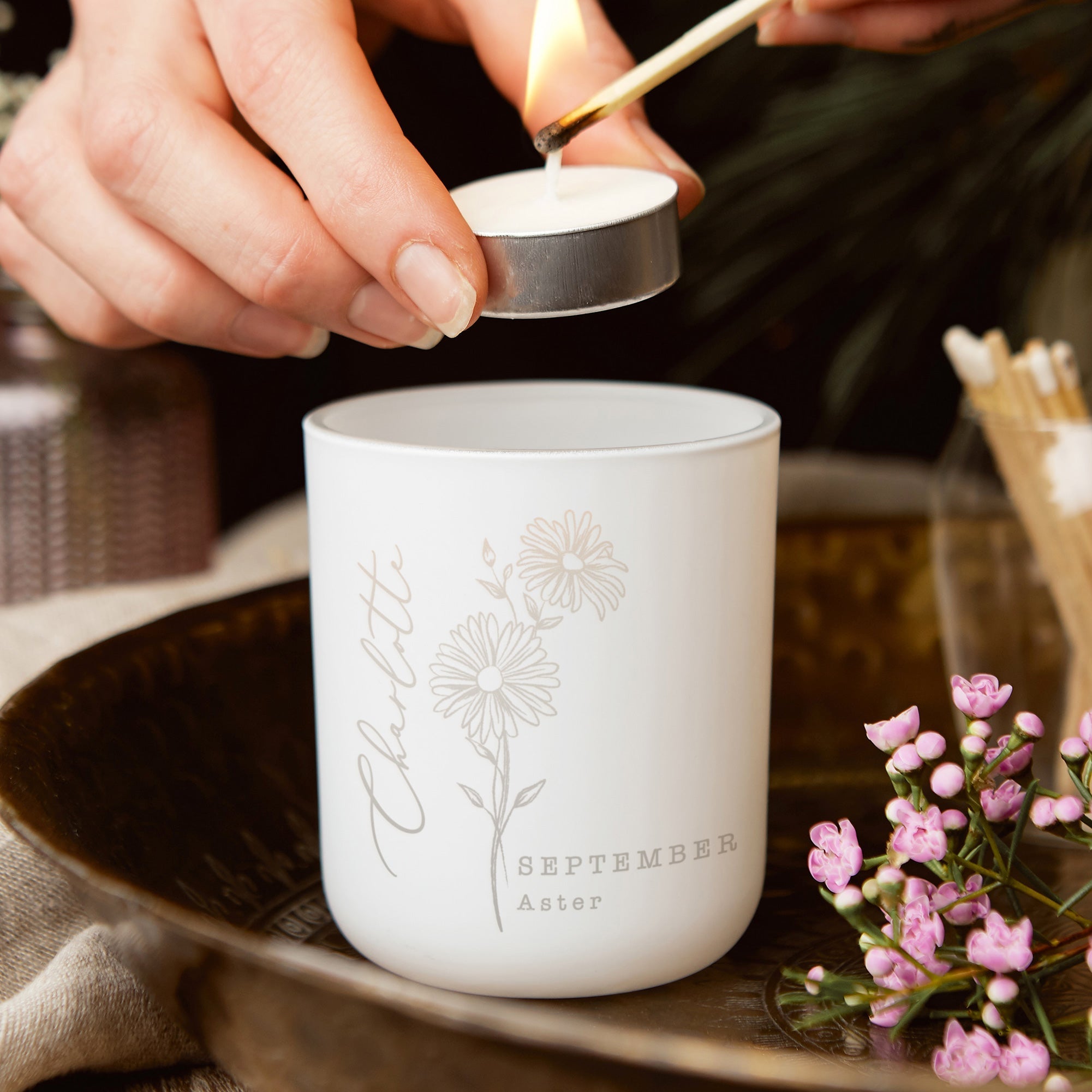 Birthday Gift Birth Flower Tea Light Holder with Scented Candles in Luxury Gift Box