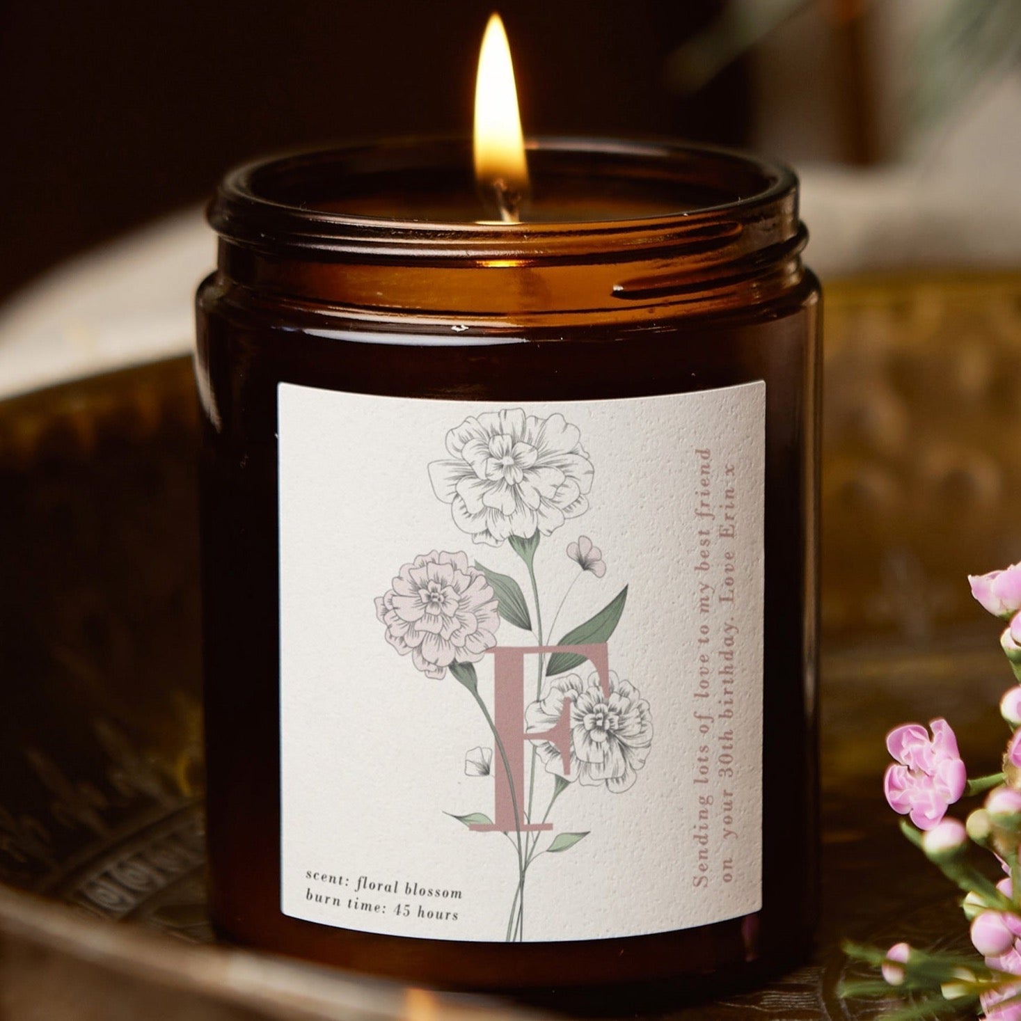 Birthday Wedding Thank You Gift Initial Flower Personalised Candle in Luxury Gift Box