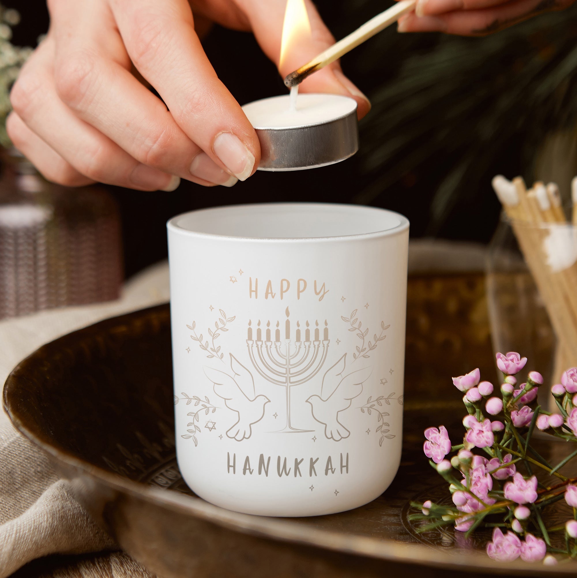 Hanukkah Gift Tealight Holder with Candles - Kindred Fires