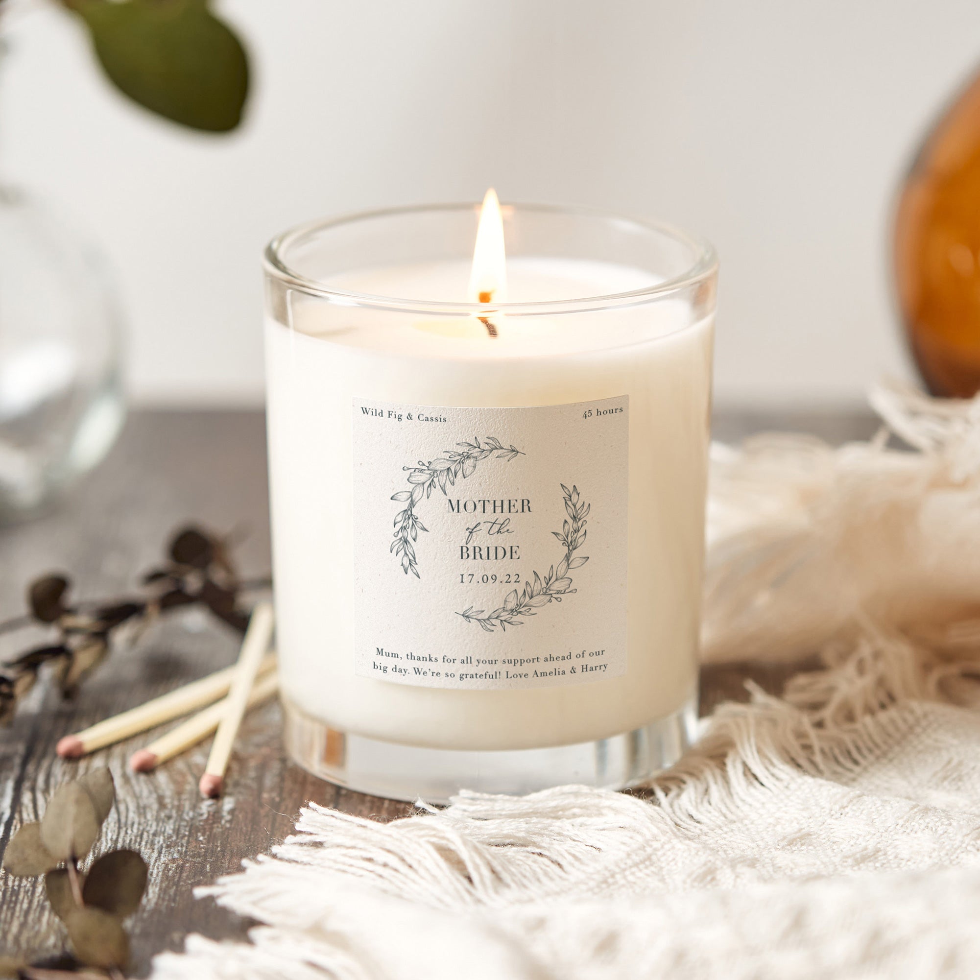 Mother of the Bride Personalised Luxury Candle Botanical Wreath - Kindred Fires