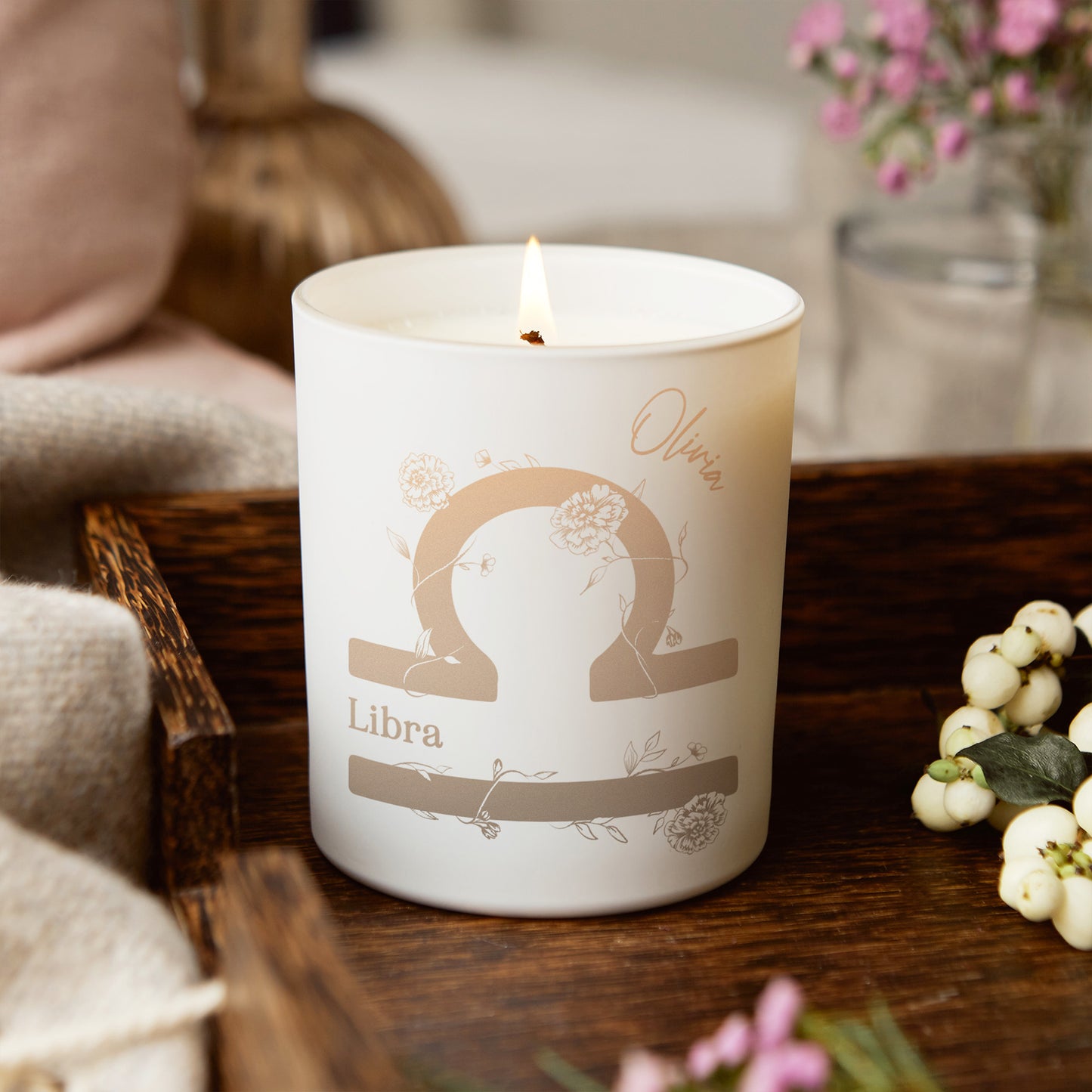 Libra Zodiac Birth Flower Personalised Candle Gift