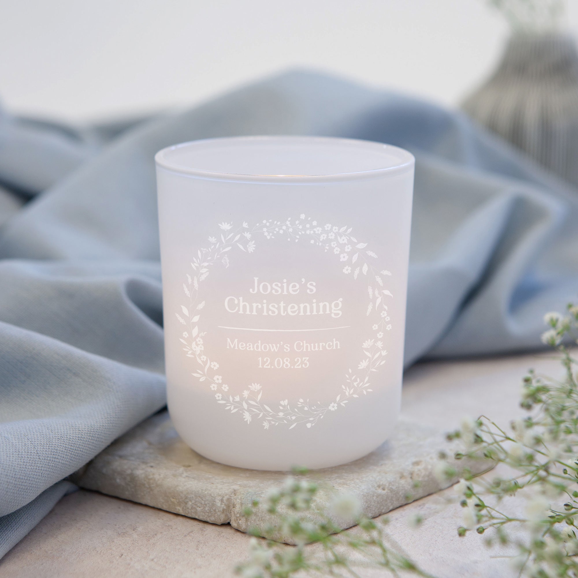 Christening Gift Personalised Tea Light Holder Keepsake with Candles in Luxury Gift Box