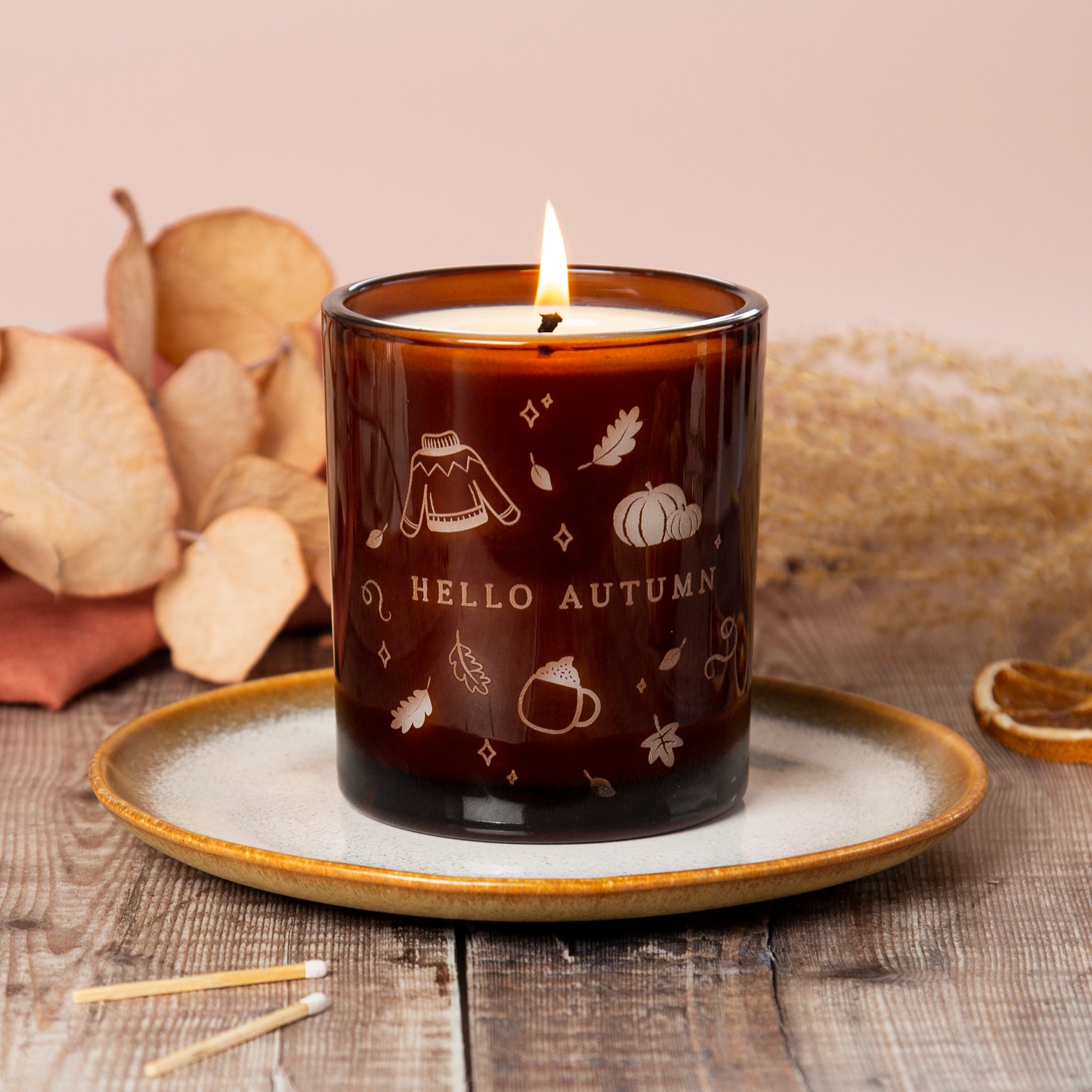 Fall Gift Hello Autumn Amber Candle – Engraved Scented Candle in Luxury Gift Box