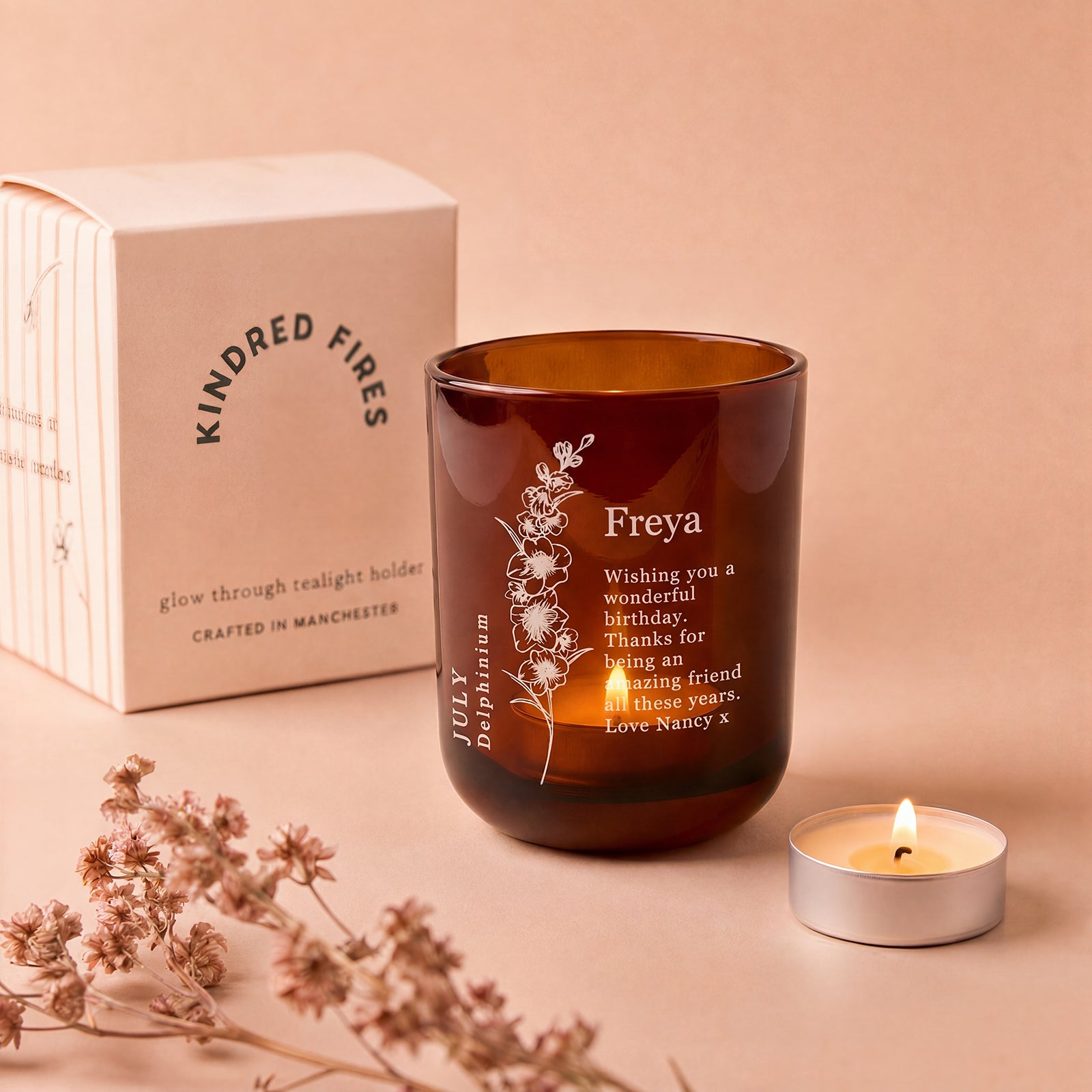 Birth Flower Birthday Gift Personalised Tealight Holder with Candles in Luxury Box