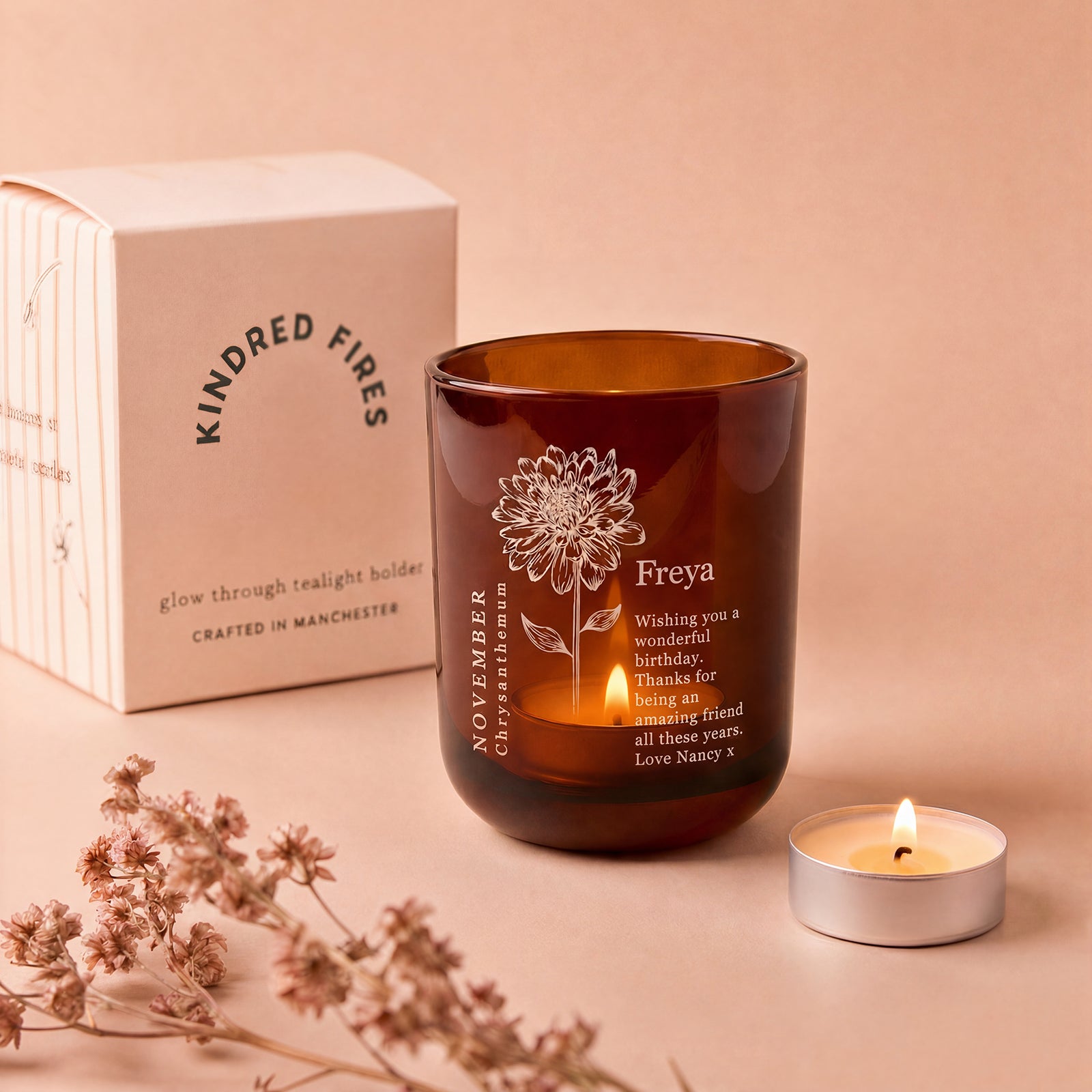 Birth Flower Birthday Gift Personalised Tealight Holder with Candles in Luxury Box