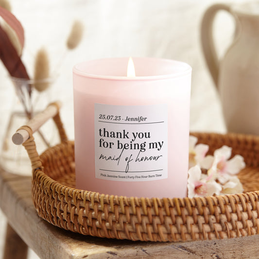 Thank You Maid of Honour Gift Personalised Pink Candle