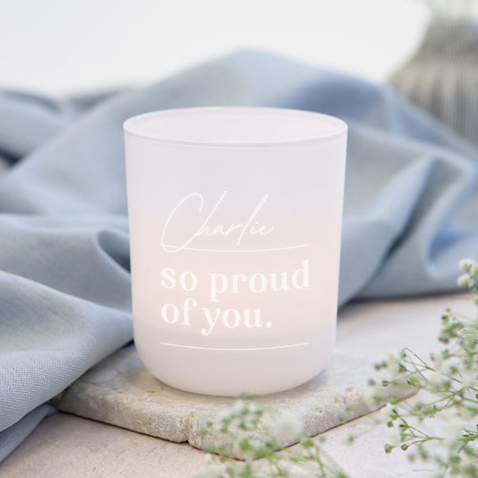 Proud of You Keepsake Gift Personalised Tea Light Holder with Candles