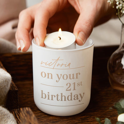 Personalised Any Age Birthday Gift for Her Tea Light Holder with Candles