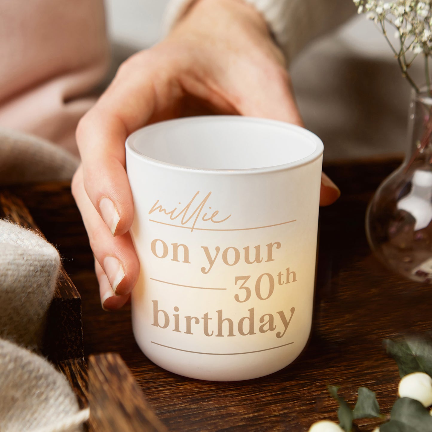 30th Birthday Gift for Her Personalised Tea Light Holder with Candles