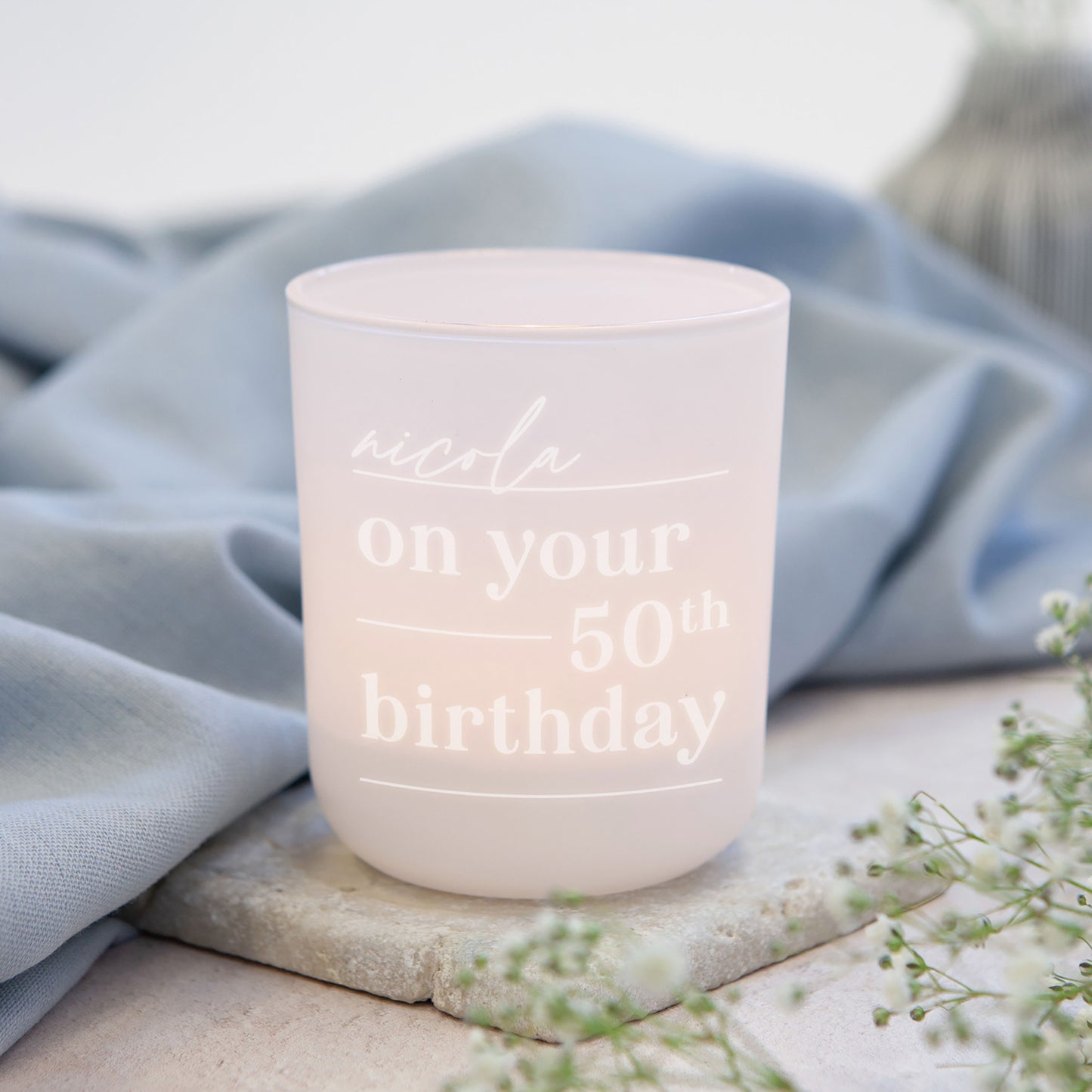 50th Birthday Gift for Her Personalised Tea Light Holder with Candles