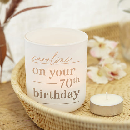 70th Birthday Gift for Her Personalised Tea Light Holder with Candles
