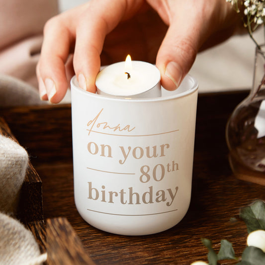 80th Birthday Gift for Her Personalised Tea Light Holder with Candles
