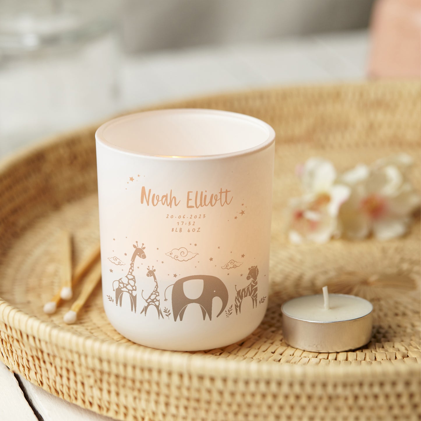 New Baby Gift Personalised Animal Tea Light Holder with Candles