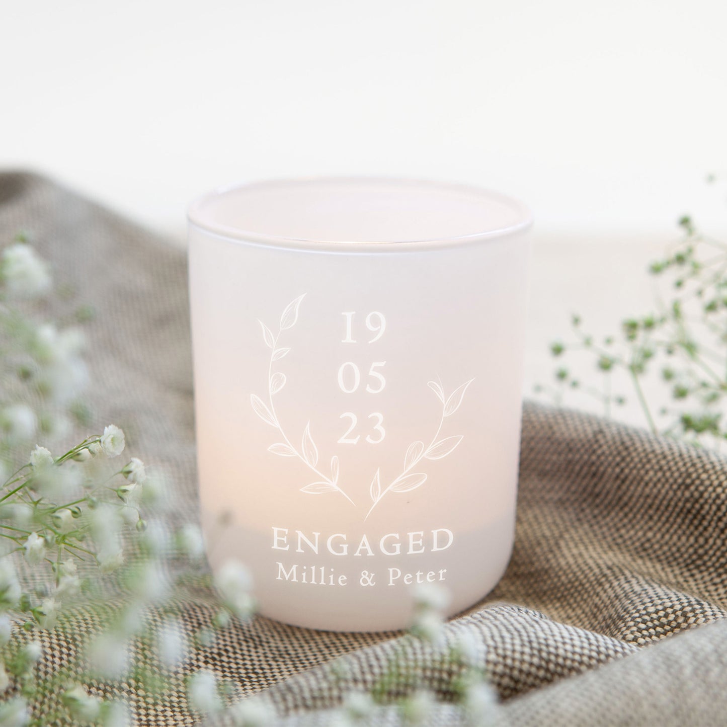Engagement Keepsake Date Gift Personalised Tea Light Holder with Candles