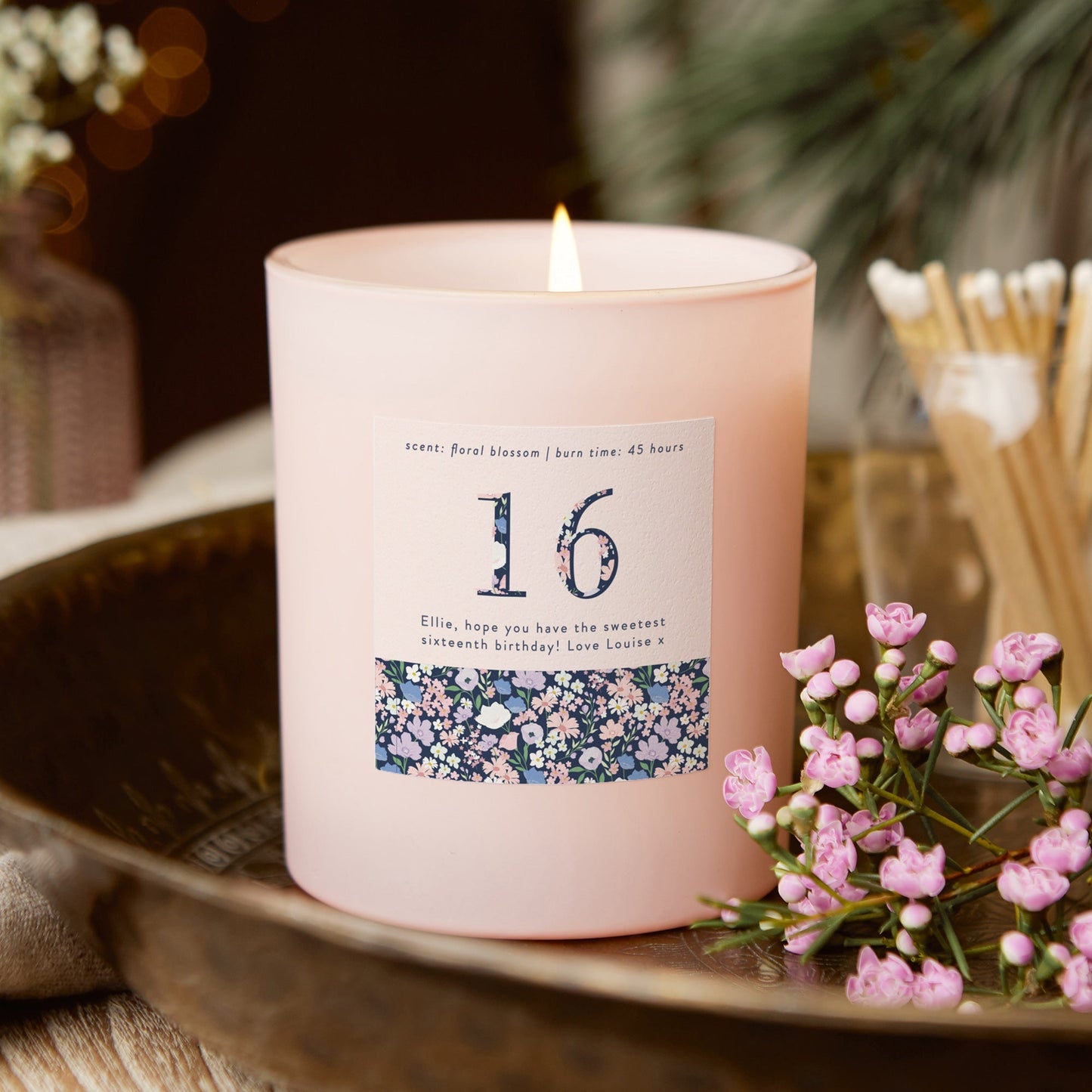 16th Birthday Gift Floral Birthday Gift Candle Pink - Kindred Fires