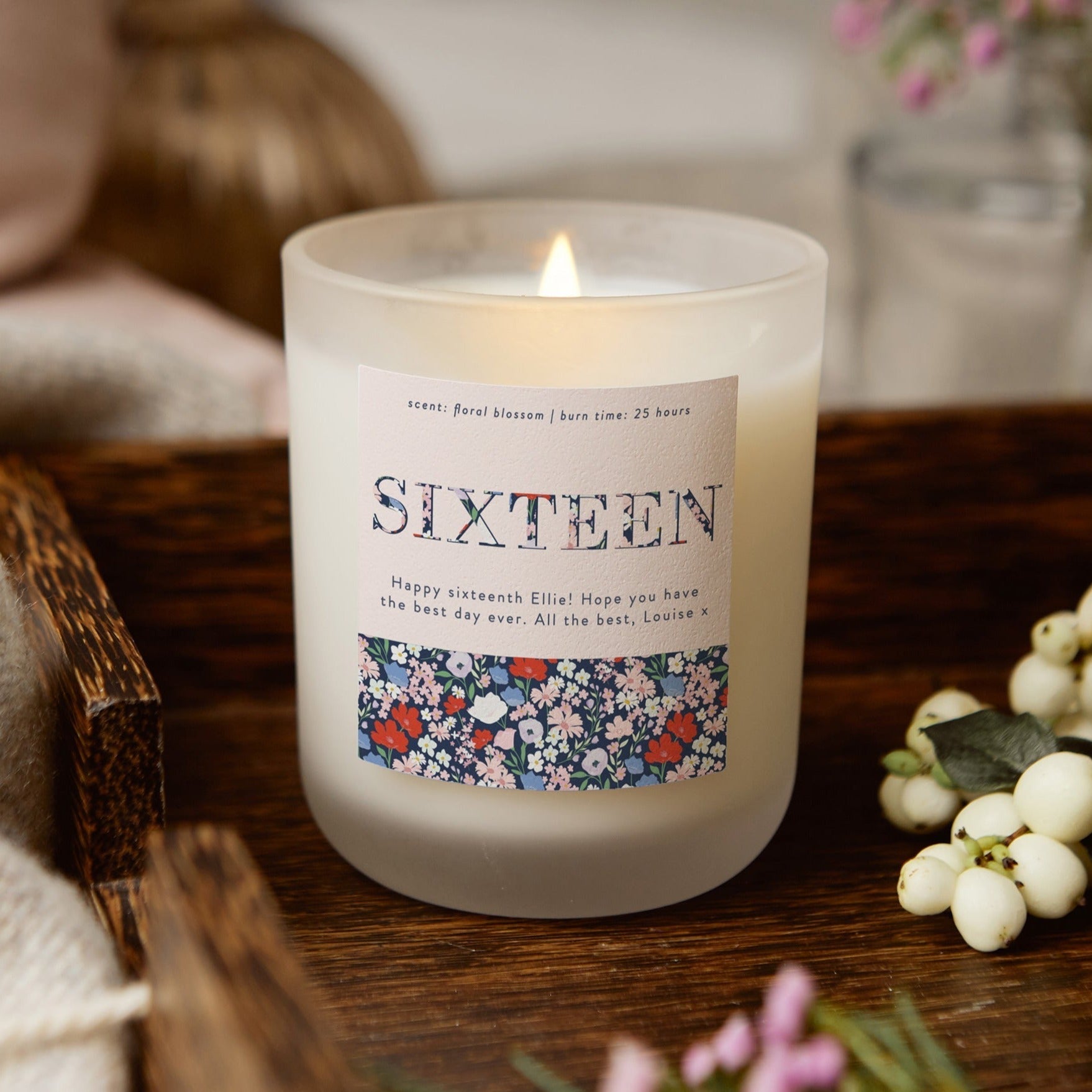 16th Birthday Gift Floral Frosted Candle - Kindred Fires