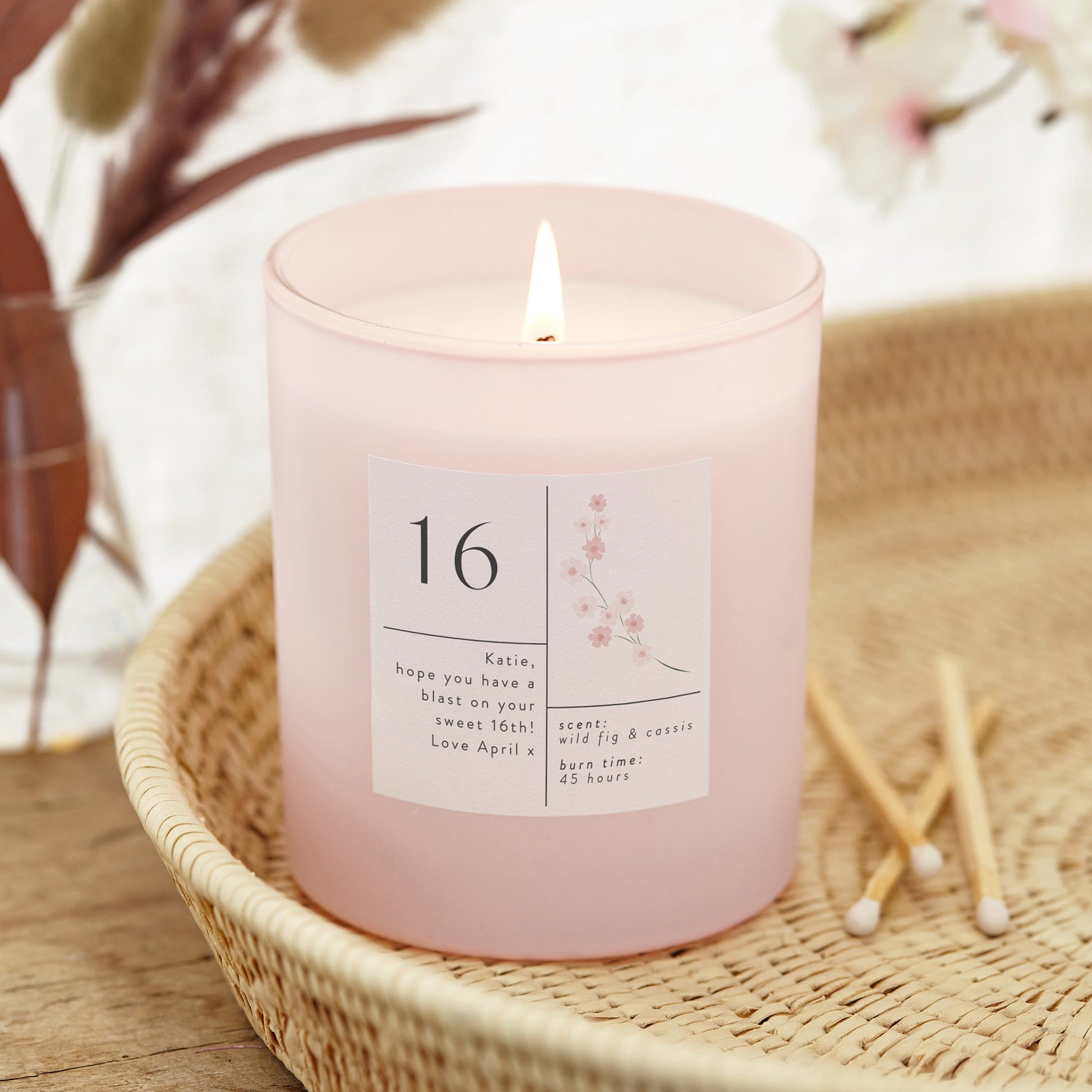 16th Birthday Gift Personalised Pink Floral Candle - Kindred Fires