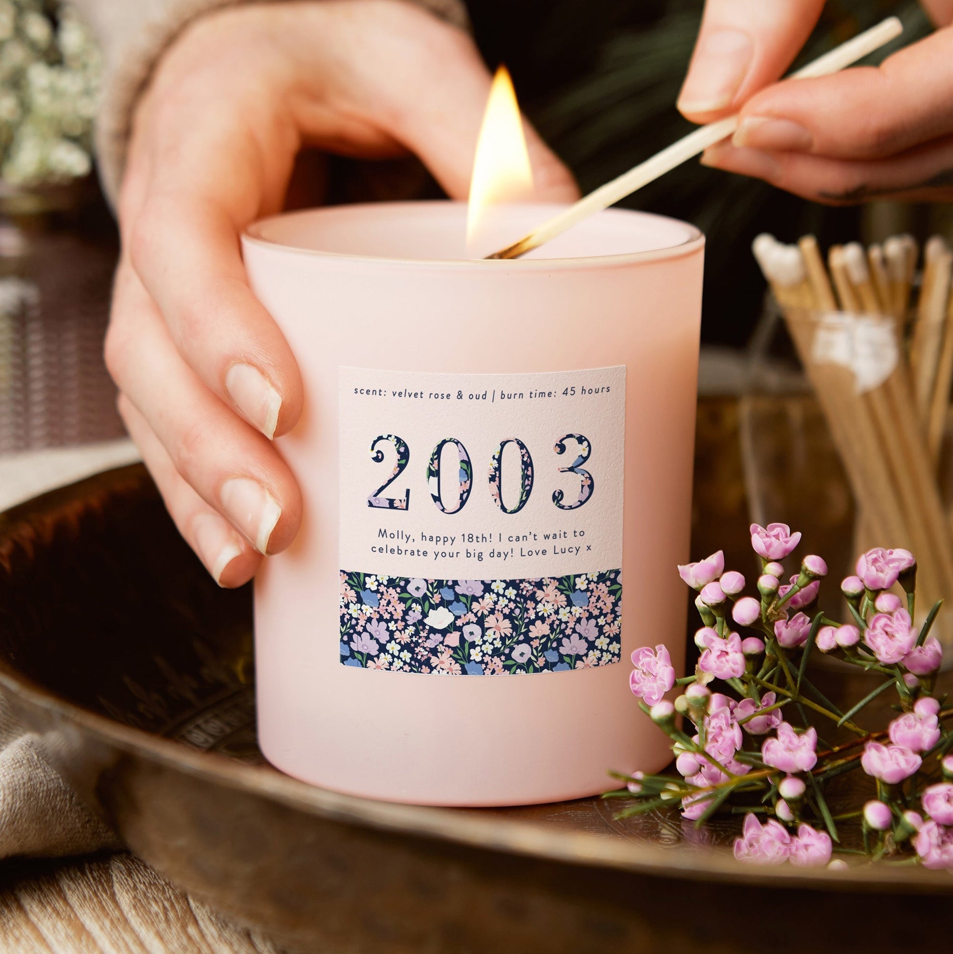 18th Birthday Gift Birth Year Floral Birthday Candle Pink - Kindred Fires