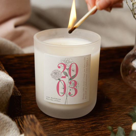 18th Birthday Gift Birth Year Floral White Candle - Kindred Fires