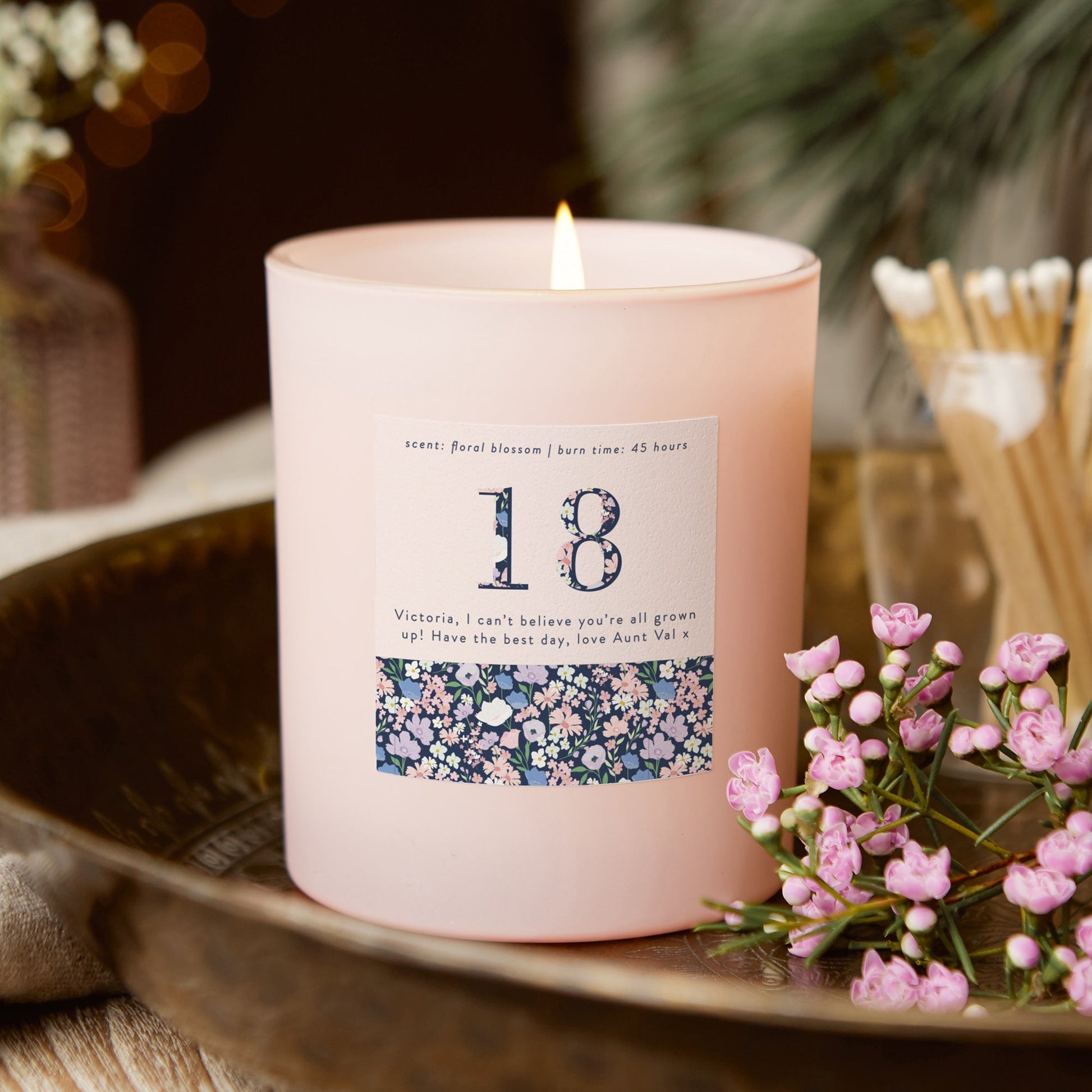 18th Birthday Gift Floral Birthday Gift Candle Pink - Kindred Fires