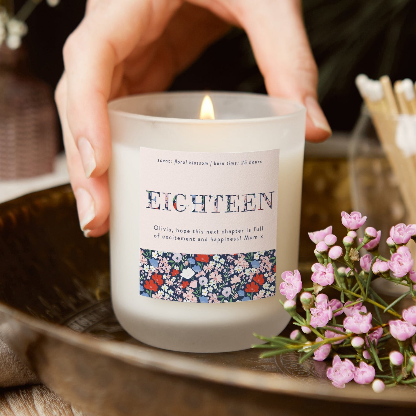 18th Birthday Gift Floral Frosted Candle - Kindred Fires