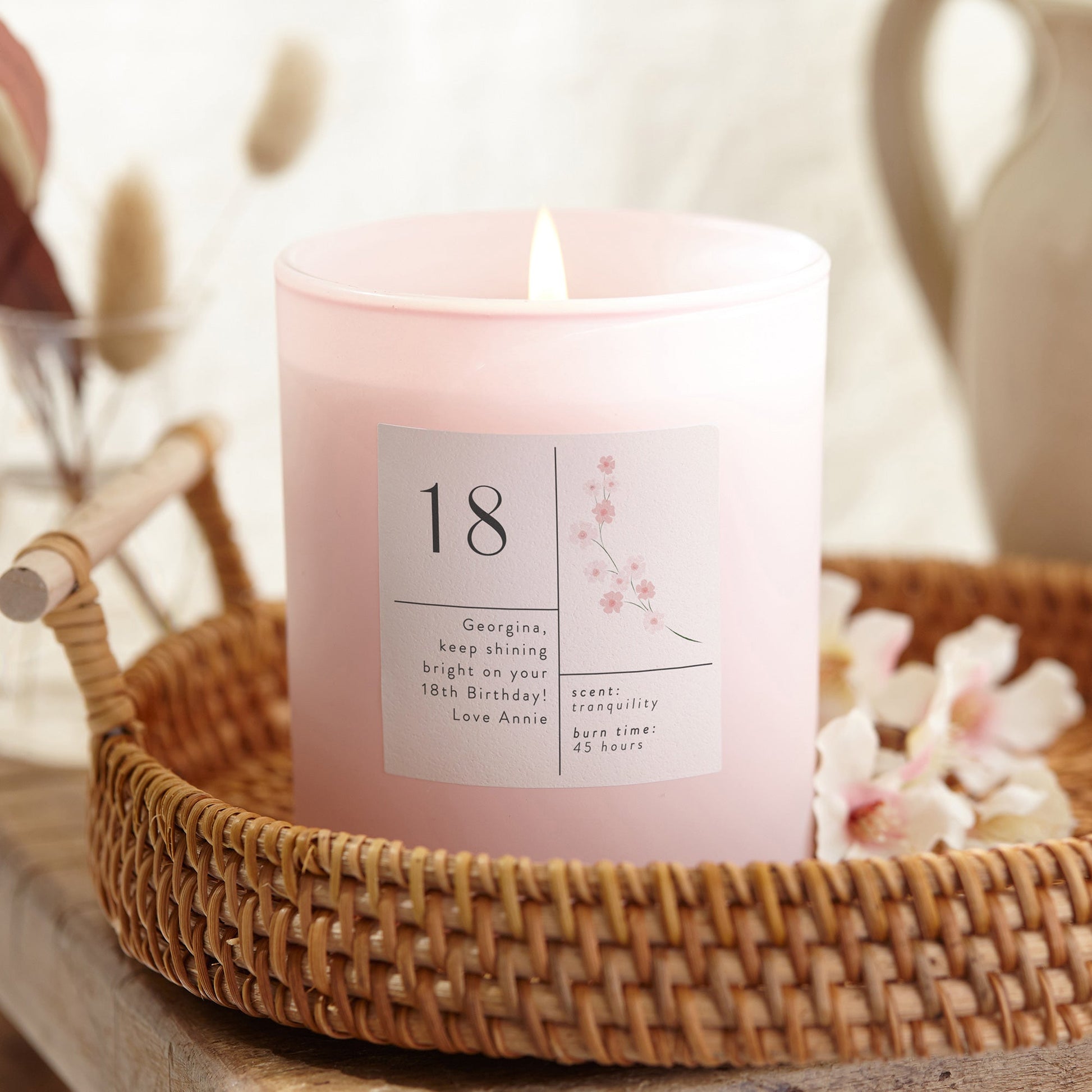 18th Birthday Gift Personalised Pink Floral Candle - Kindred Fires