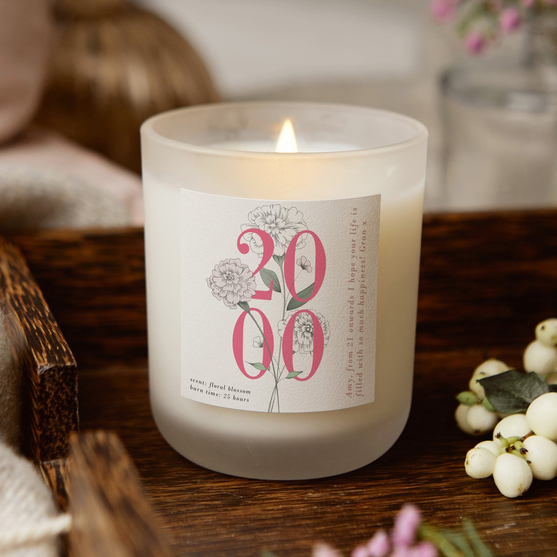 21st Birthday Gift Birth Year Floral White Candle - Kindred Fires