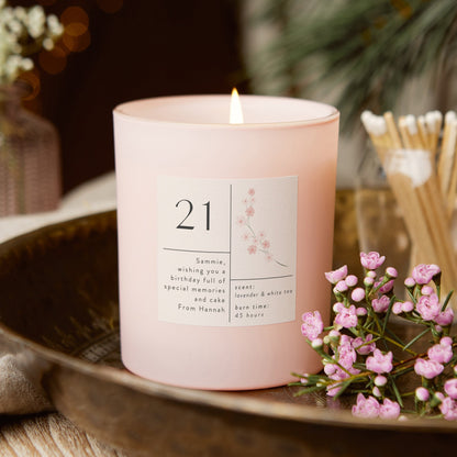 21st Birthday Gift Personalised Pink Floral Candle - Kindred Fires