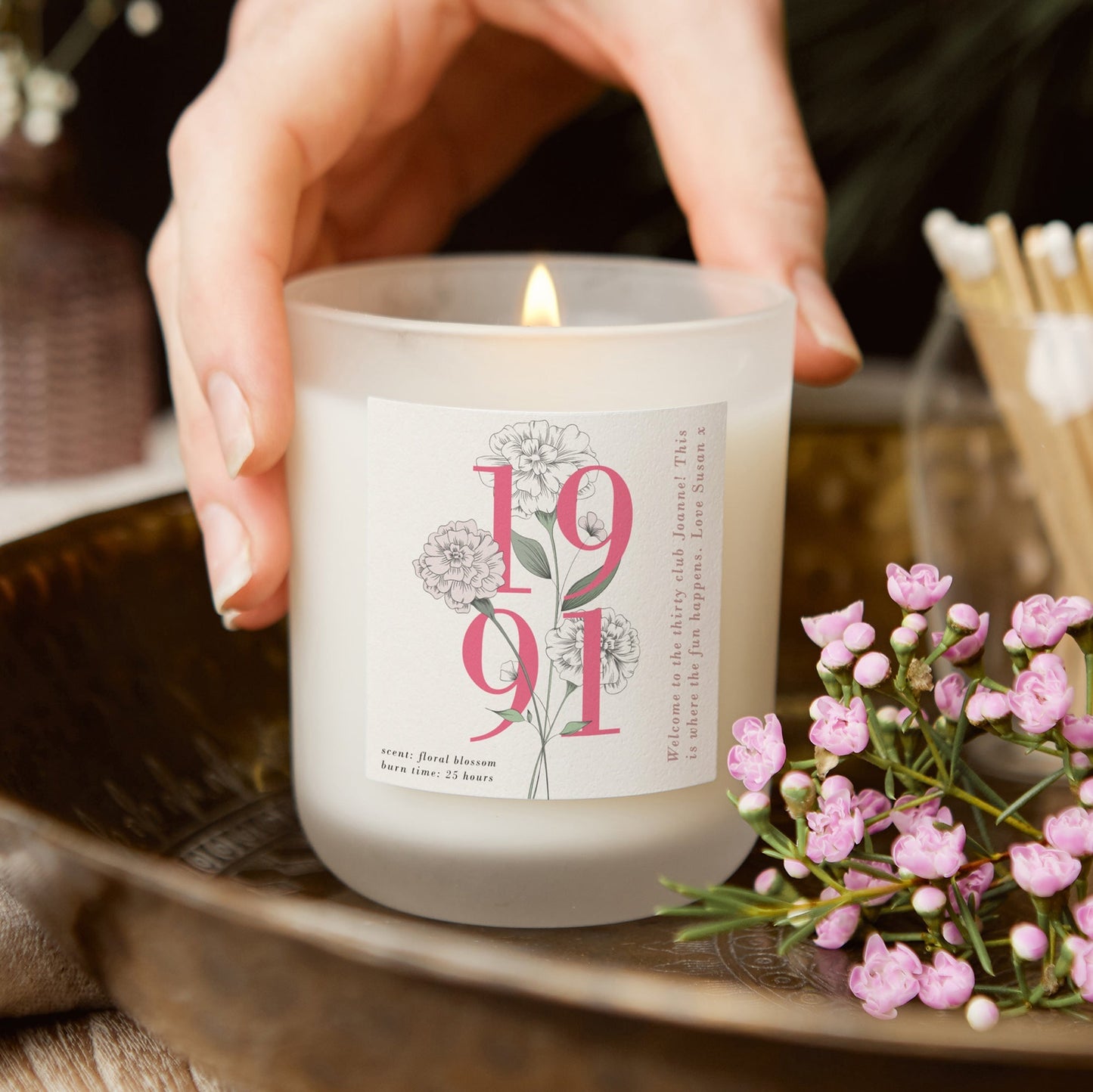 30th Birthday Gift Birth Year Floral White Candle - Kindred Fires
