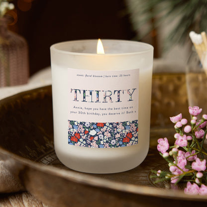 30th Birthday Gift Floral Frosted Candle - Kindred Fires