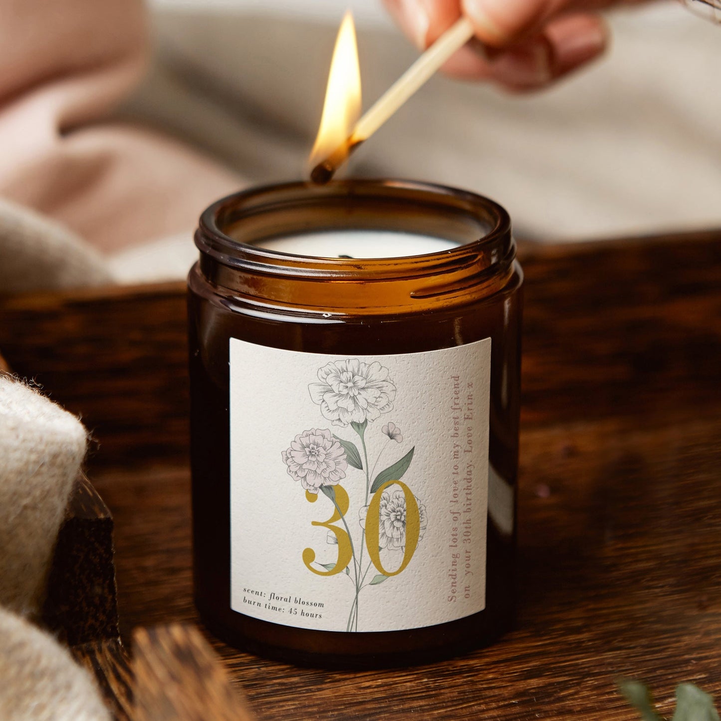 30th Birthday Gift Floral Personalised Candle - Kindred Fires
