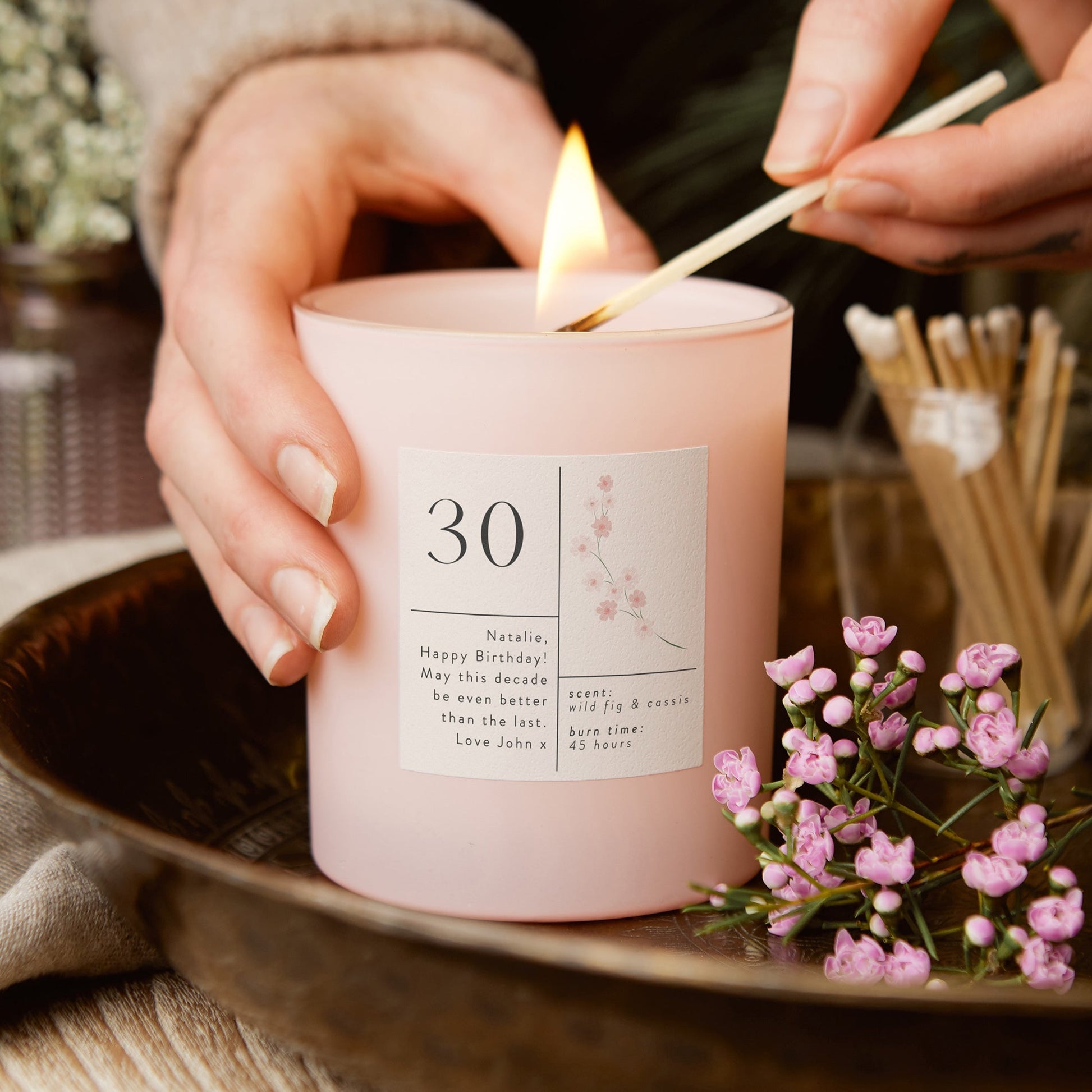 30th Birthday Gift Personalised Pink Floral Candle - Kindred Fires