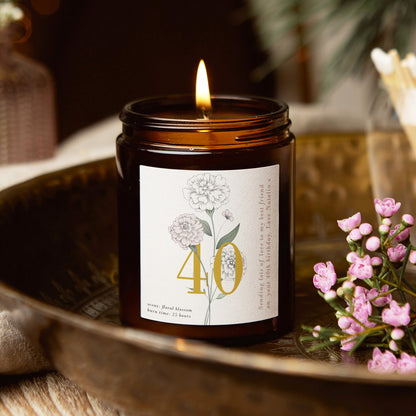 40th Birthday Gift Floral Personalised Candle - Kindred Fires