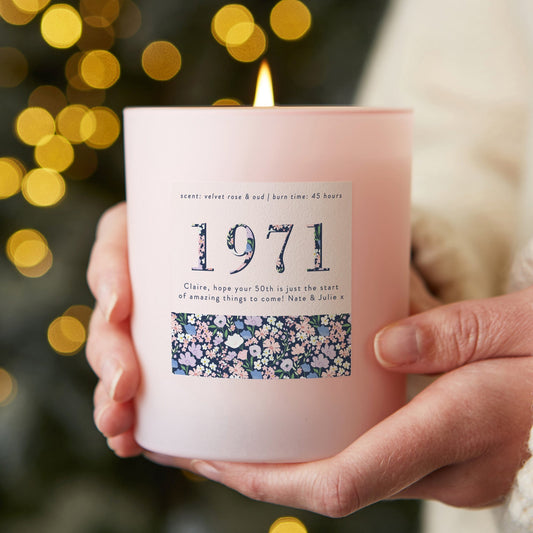 50th Birthday Gift Birth Year Floral Birthday Candle Pink - Kindred Fires