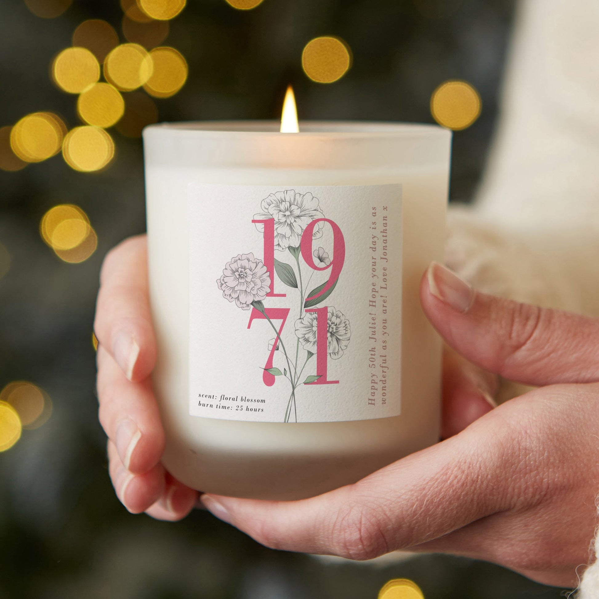 50th Birthday Gift Birth Year Floral White Candle - Kindred Fires