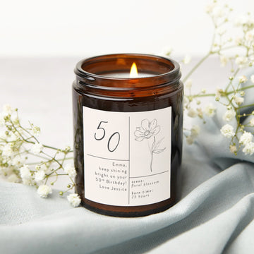 50th Birthday Gift Floral Personalised Candle - Kindred Fires