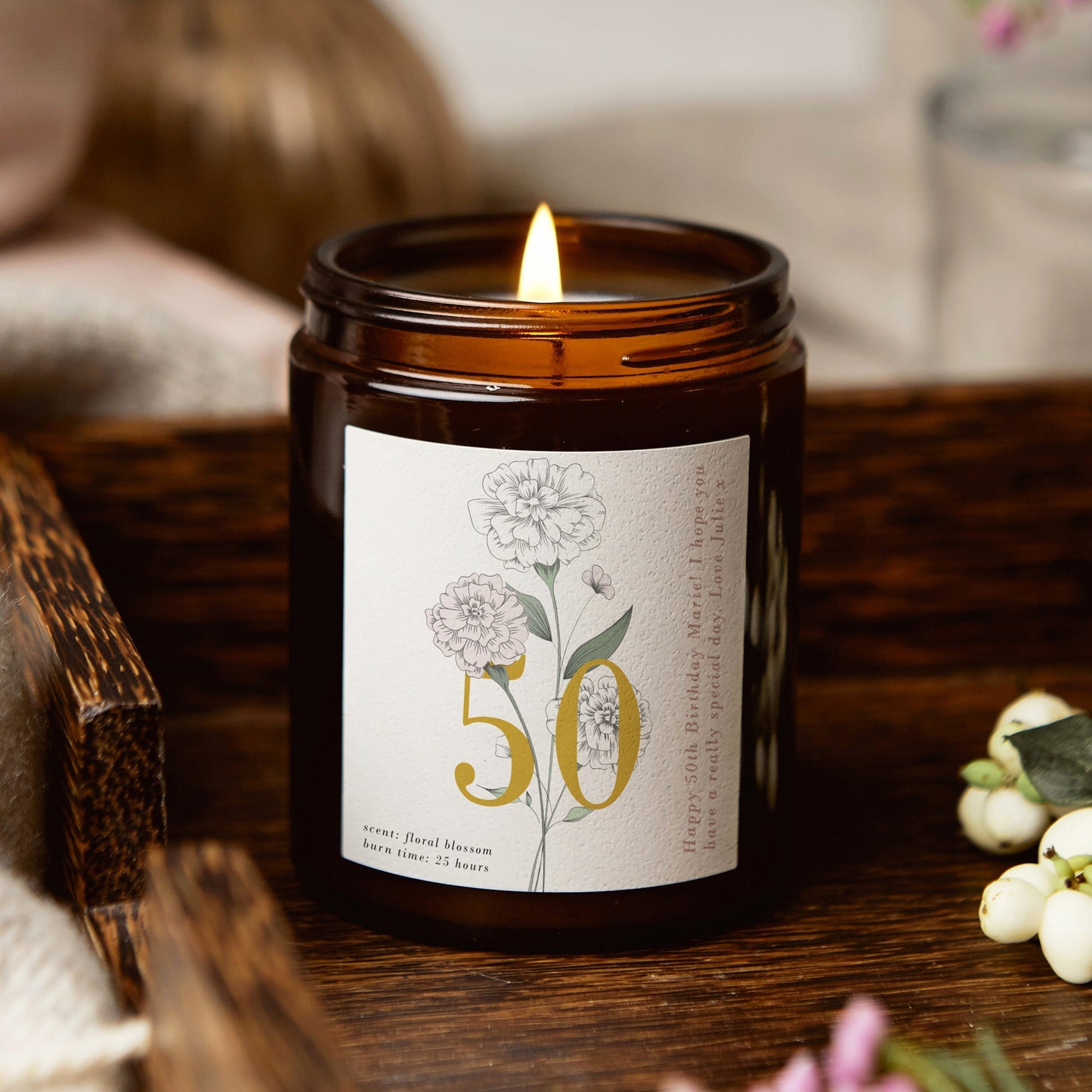 50th Birthday Gift Floral Personalised Candle - Kindred Fires