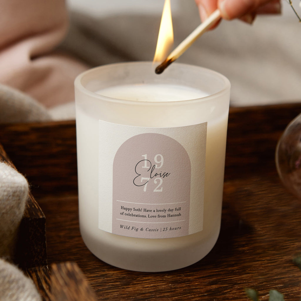 50th Birthday Gift for Her Frosted Candle Curved Arch - Kindred Fires