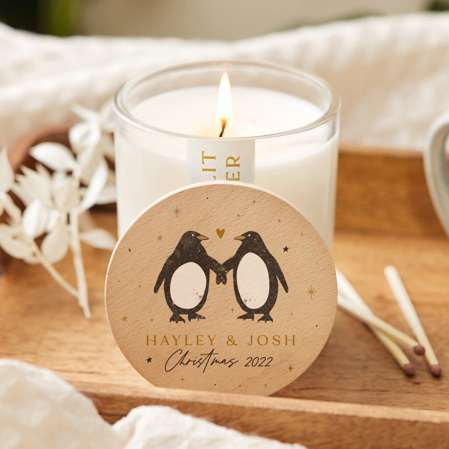 Christmas Gift Christmas Penguin Couple Candle with Personalised Lid in Luxury Box
