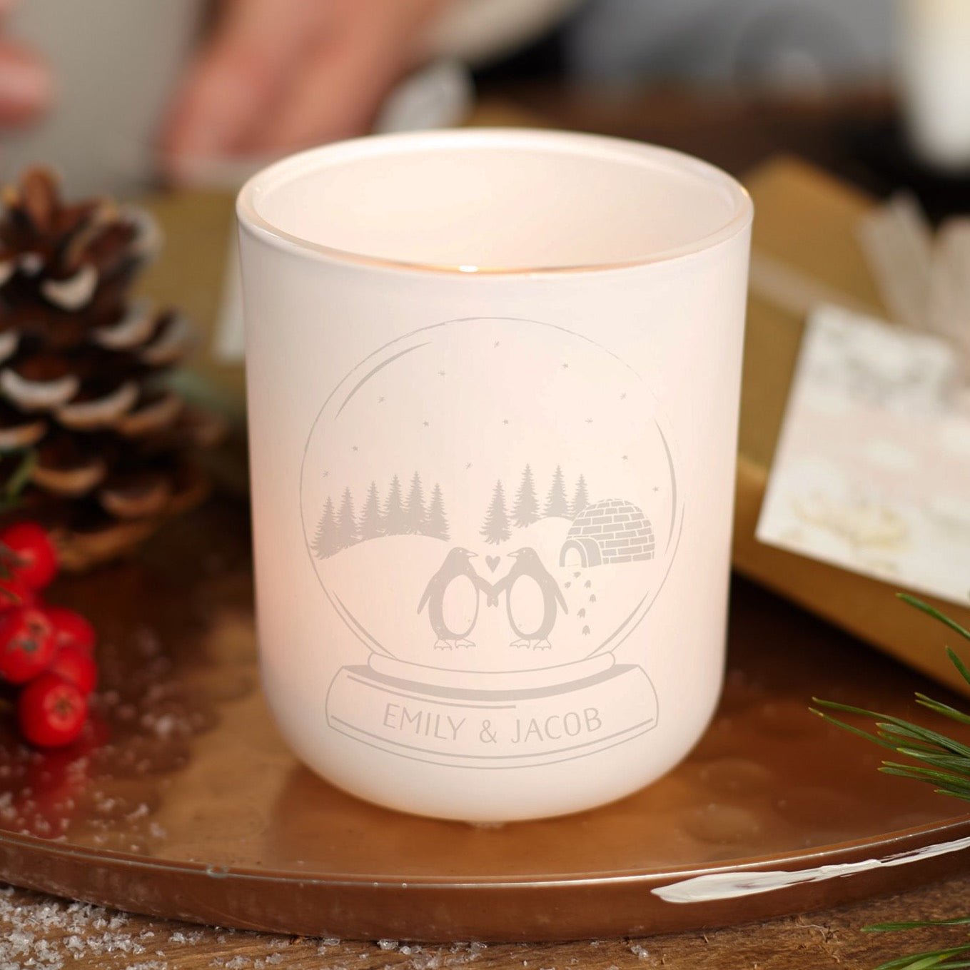 Christmas Gift Couple's Tea Light Holder Candle - Cute Penguin Snow Globe in Luxury Box