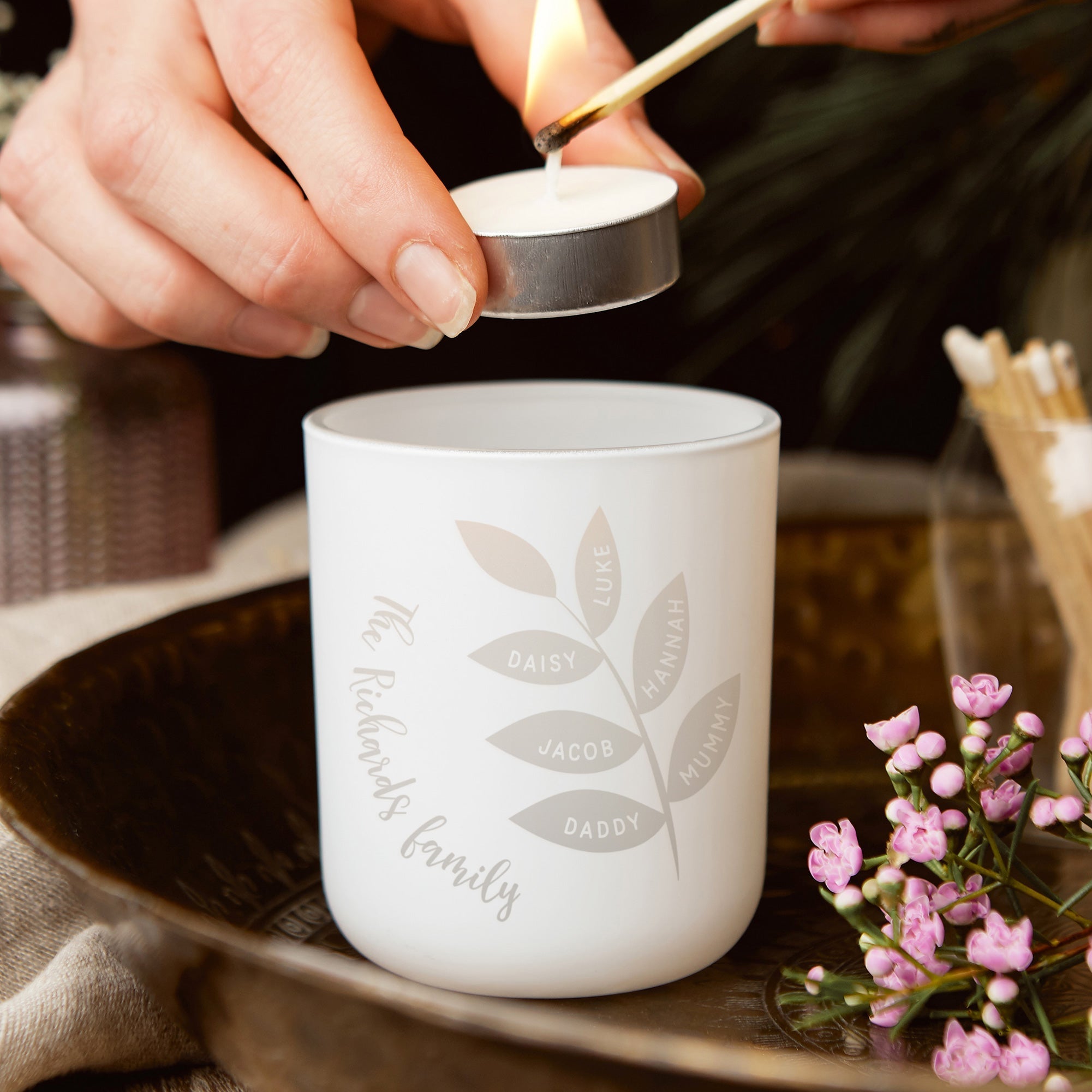 Birthday or Thank You Gift Family Tree Tea Light Holder and Candles in Luxury Gift Box
