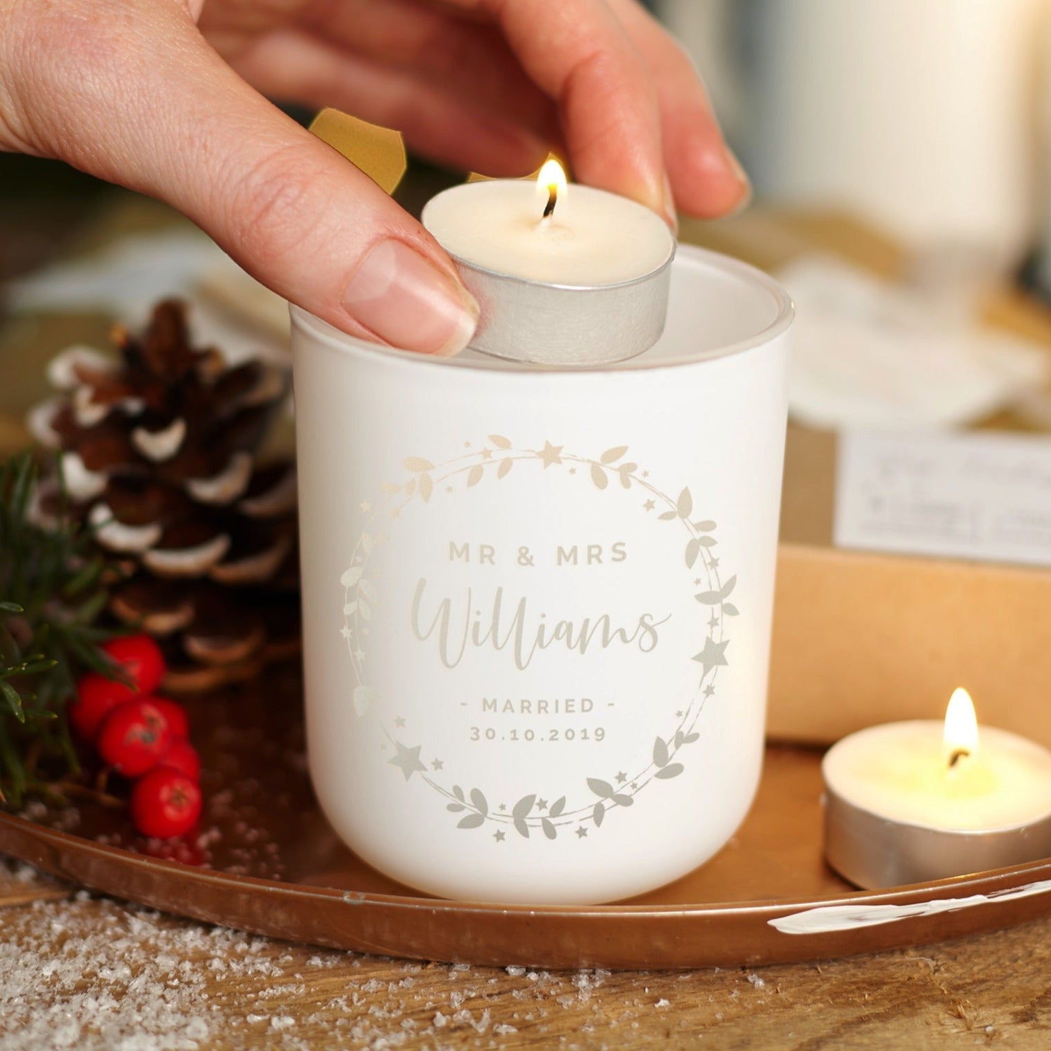 Wedding Gift First Married Christmas Tea Light Holder Candle in Luxury Gift Box
