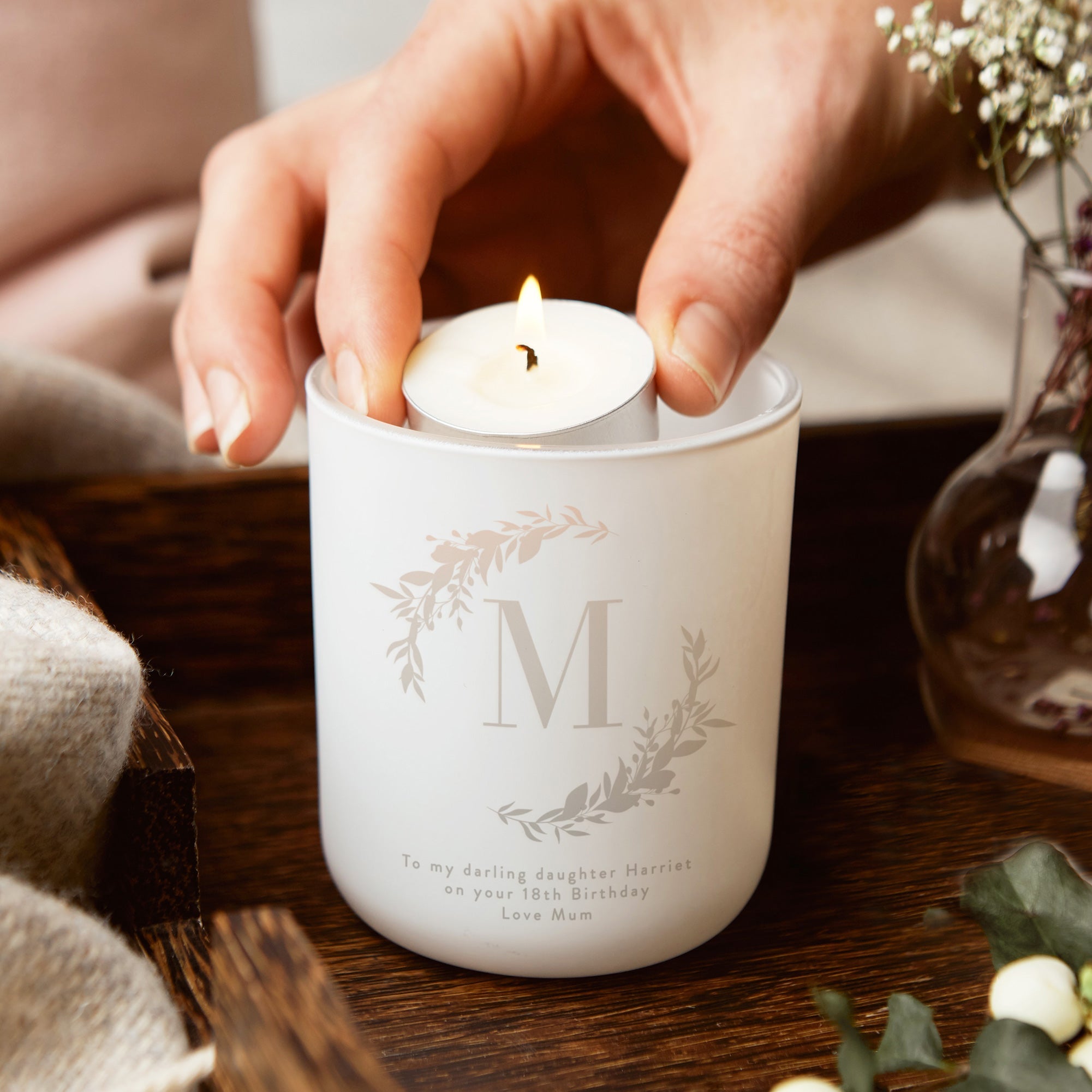 Birthday Wedding Thank You Gift Initial Personalised Tea Light Holder in Luxury Box